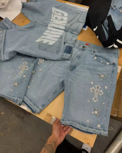 Shorts en jean brodés de croix en diamant gothiques, style rétro américain, avec strass bleus, streetwear hip-hop, pour hommes et femmes - Product Image 5
