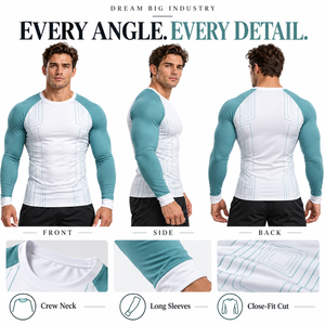 Custom <b>Mens</b> <b>White</b> Teal Raglan <b>Long</b> <b>Sleeve</b> Compression Shirt Crewneck Slim Gym Training Rash Guard Athletic Sportswear Base Layer - Product Image 4