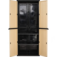 Armoire Moderne en Plastique avec Cadre Noir et Finition Beige, Deux Portes Coulissantes, Tringle à Vêtements, Meuble Autoportant pour Chambre à Coucher
