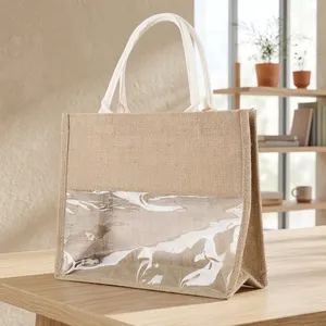 Sac fourre-tout moderne en jute naturel pour l'extérieur, élégant sac de courses avec deux poignées durables, fermeture ouverte, grand espace de transport, haute capacité - Product Image 4