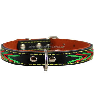 Collier de chien en cuir rembourré réglable solide et durable avec coutures à bord jaune et boucle en nickel en acier inoxydable anneau D et rivets - Product Image 6