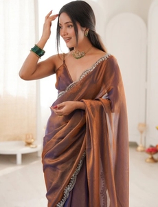 KV Women's Embroidered Embellished Bollywood Silk <b>Satin</b> Wrinkle-Free Designer Saree with Unstitched <b>Blouse</b> (Brown) Autumn - Product Image 5