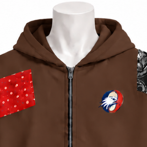 Sweat à capuche zippé marron en patchwork tapisserie, coupe oversize, avec patchs imprimés, style streetwear décontracté - Product Image 3