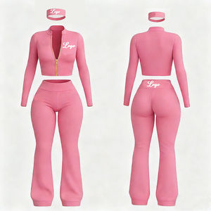 Conjunto Deportivo de Mujer Y2K de Alta Calidad con Logotipo Personalizado, Chaqueta con Cremallera Completa y Pantalones Acampanados, Conjunto de 3 Piezas para Gimnasio y Fitness - Product Image 2