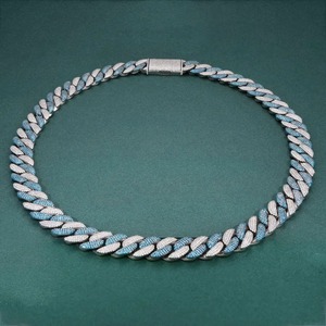 Luxury Iced Cuban Link Chain <b>Necklace</b> Moissanite Hip Hop Unisex <b>Statement</b> Blue Silver Tone Jewelry - Product Image 2