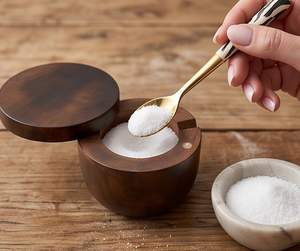 Bol à sel et à sucre en bois brun foncé avec cuillère, fait main, outil pour herbes et épices, design durable, parfait pour les restaurants élégants - Product Image 4