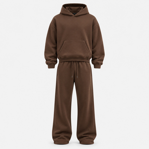 Ensemble de survêtement d'hiver pour homme, marron, à capuche, coupe classique, couleur unie, 100% coton, pantalon à cordon de serrage, poches latérales - Product Image 3