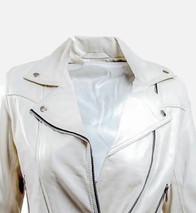 Veste de moto matelassée en cuir d'agneau véritable blanc pour femme, coupe-vent, manches longues, fermeture éclair, col montant, longueur standard - Product Image 4