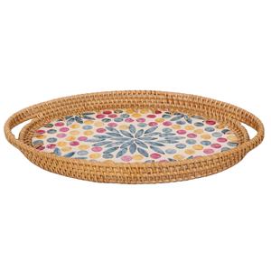 Eco Friendly Mother Of Pearl With Rattan Serving <b>Tray</b> Oval Color Dot Pattern Handmade Bulk For Hospitality Storage Food <b>Drinks</b> - Product Image 2