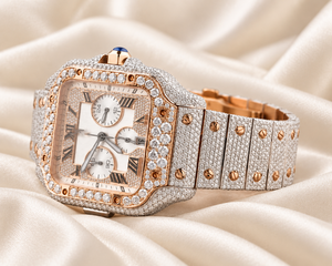Montre mécanique en acier inoxydable avec incrustation de diamants Raj Gems, couleur or rose, chronographe carré, aiguilles analogiques, 20 mm, luxe et mode - Product Image 4