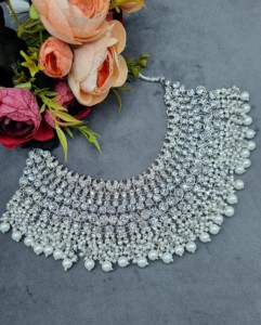 Royal Cubic Zirconia Choker Necklace Set with Mang tika & Earrings Rhodium Plated Jewellery Set Wedding Reception Wear Jewellery - Product Image 2
