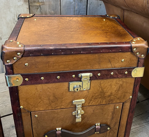 Vintage Leather Bedside Trunk Cabinet Set Antique <b>Storage</b> <b>Chest</b> Nightstand Drawer Metal Accents Large Capacity Space Living Room - Product Image 4