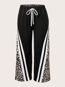 Women's Striped Leopard Print <b>Summer</b> Casual <b>Pants</b> with Mid Waist Drawstring Pockets 100% Cotton Loose Fit - Product Image 5