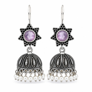 Boucles d'oreilles pendantes Jhumka vintage en laiton oxydé argenté et quartz rose pour femme, idéales pour un mariage - Product Image 5