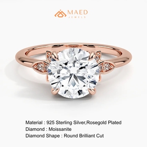 Bague en Moissanite Ronde en Or Rose pour Femme, avec Accent Feuille et Halo, Bague de Fiançailles Nuptiale, Bijou Tendance, Cadeau de Joaillerie Fine de Luxe - Product Image 6