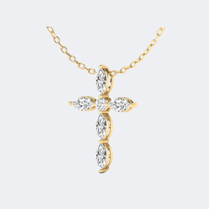 Collier pendentif croix en or massif avec grappe de diamants marquise et ronds de 1,00 carat, serti à griffes, bijou religieux, cadeau pour femmes et hommes - Product Image 1