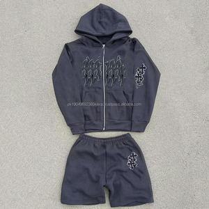 Conjuntos de sudaderas y sudaderas con capucha y logotipo personalizado Conjuntos de Sudadera con capucha estampada en polvo personalizados Conjuntos de sudadera con cremallera de diamantes de imitación para hombres - Product Image 1