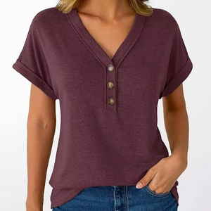 T-shirts à manches courtes et col en V pour femmes, hauts décontractés et élégants pour l'été, style Henley, coupe ample, basique, tenue de printemps 2026 - Product Image 1