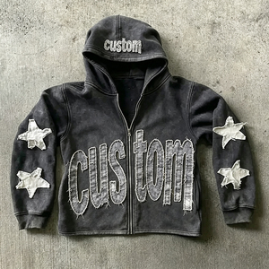 Winter Men's <b>Hoodies</b> Custom Logo <b>500</b> <b>Gsm</b> Heavyweight Thick Cropped Zipper Vintage Acid Wash Distressed Embroidered Patch Hoodie - Product Image 2