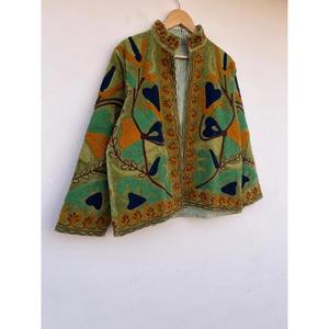 Premium Green Floral Embroidered Knitted Breathable Cotton Suzani <b>Jacket</b> Autumn Winter Regular Coat Gift Her - Product Image 2