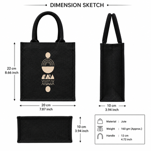 AMANI Geometric Pattern Jute Beach Tote <b>Bag</b> <b>Medium</b> <b>Size</b> Black with Gold Print Hand Length Handle West Bengal Groceries Daily Use - Product Image 2