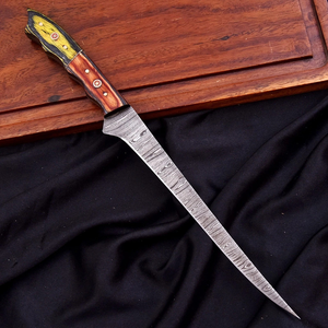 Damascus Steel Fillet Knife with Leather Sheath Handmade Forged High Hardness Extra Sharp Durable <b>Kitchen</b> Knife - Product Image 3