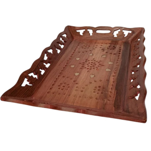 Bandeja Redonda Artesanal de Madera de Mango Estilo Rústico con Tapete de Algodón Tejido y Base de Cristal, Plato de Mesa de Centro Estilo Marroquí - Product Image 6