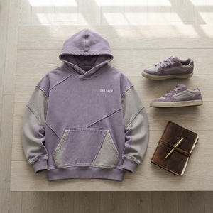 Sweat à capuche oversize pour homme OneApex, couleur violet-gris, blocs de couleurs, manches raglan, poche patchwork, style automne - Product Image 6