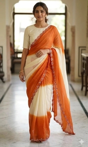 KV Women's Embellished Reversible Wrinkle-Free Autumn Bollywood Georgette <b>Saree</b> with Unstitched Blouse (<b>Orange</b> White) - Product Image 5