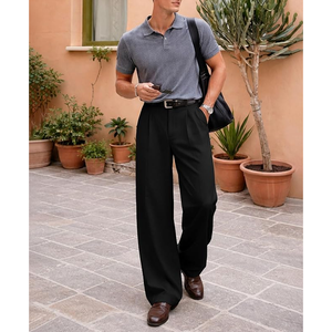 Pantalon plissé noir large pour homme, taille haute, formel, infroissable, en polyester, style automne - Product Image 6