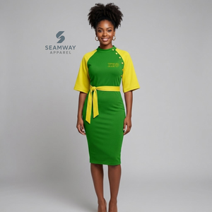 Vestido Midi Ajustado de Mujer Chi Eta Phi con Bloques de Color Verde y Amarillo en Contraste, Manga Capa, Detalle de Botones y Lazo en la Cintura - Product Image 6