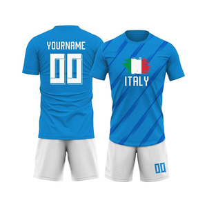 Ensemble maillot et short de football Italie pour homme, bleu, col rond sublimé, polyester respirant, uniforme de football adulte, coupe classique - Product Image 1