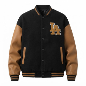 Chaqueta Varsity Personalizada para Hombre en Color Negro y Marrón con Letras Bordadas LA, Cierre de Botones, Chaqueta de Béisbol para Otoño - Product Image 5