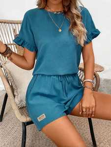 <b>Women's</b> <b>2</b> <b>Piece</b> Shorts Set Ruffle Sleeve Crew Neck Top Drawstring Casual Summer <b>Outfit</b> - Product Image 6