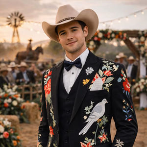 Blazer noir brodé de fleurs et d'oiseaux pour homme – Veste de costume de créateur pour mariage et soirée - Product Image 1