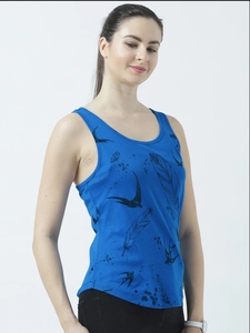 Débardeur tricoté bleu pour femme, col rond, sans manches, décontracté, respirant, couleur unie, imprimé devant, tenue de sport - Product Image 3