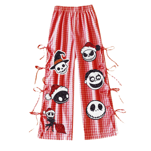 Pantalon à carreaux rouges tendance avec motif Jack Skellington, respirant, coupe longue et large, idéal pour le printemps/été - Product Image 1