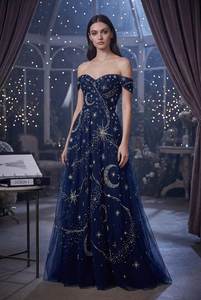 Vestido de Noche Azul Marino de Lujo con Hombros Descubiertos, Bordado de Luna y Estrellas Celestiales, Tul, Corte en A, para Mujer - Product Image 3