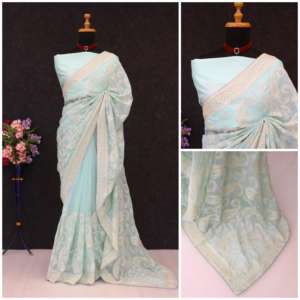 Indian Ethnic Wear Tabby Organza Silk with Sequence Multi Embroidery Work Piping Border Saree with Diamond Satin Silk Blouse - Product Image 5