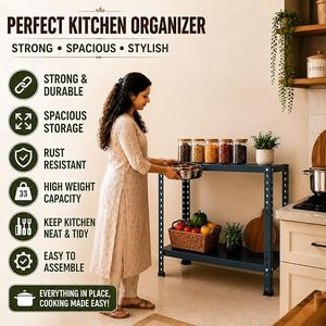 Industrial Metal Bookshelf Double Tier Height Adjustable Storage <b>Rack</b> for Living Room Standing Type Blue - Product Image 2