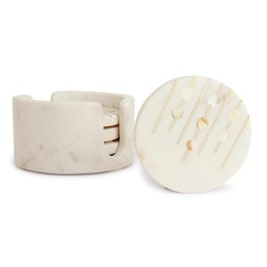 Marble Coasters <b>Set</b> of <b>4</b> with Holder Pearl & Brass Inlay <b>Dining</b> <b>Table</b> Coasters <b>for</b> Hot Pots Coffee Mugs Decorative Home Decor - Product Image 1