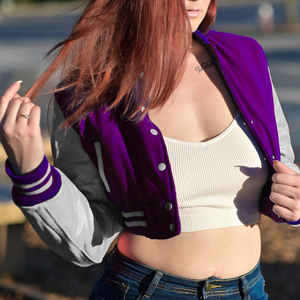 Womens <b>Varsity</b> Crop <b>Jacket</b> <b>Purple</b> Grey Letterman Style Bomber Coat Faux Leather Sleeves - Product Image 1