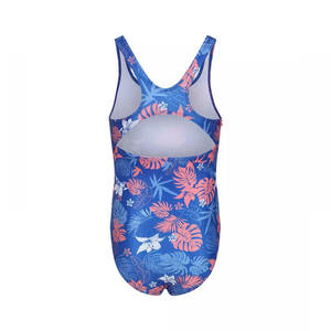 Maillot de bain une pièce pour filles, imprimé floral, bleu, extensible, en spandex et polyester, coupe classique, tricoté, imprimé numérique, col rond - Product Image 2