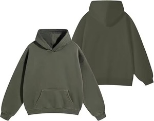 เสื้อฮู้ดสีเขียวมะกอกสำหรับผู้ชาย ทรงโอเวอร์ไซส์ ผ้าฝ้าย 100% เฟรนช์เทอร์รี่ สวมใส่สบายๆ ในฤดูใบไม้ร่วง สีพื้น มีกระเป๋า - Product Image 1