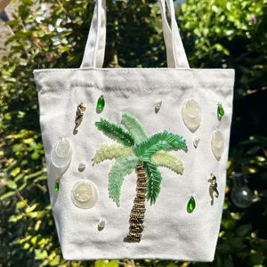 <b>White</b> Cotton Canvas <b>Tote</b> <b>Bag</b> Hand Beaded Palm Tree Embroidery Reusable Shopping Shoulder <b>Bag</b> Eco Friendly Grocery Market Handbag - Product Image 1