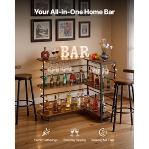 Walnut Finish L-Shaped Wine <b>Bar</b> Cabinet Table 3-Tier Storage Shelves with <b>LED</b> <b>Light</b> and Adjustable Foot Pads for Home <b>Bar</b> Unit - Product Image 2