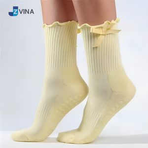 <b>Customized</b> Cute Pastel Colors Bow <b>Grip</b> Crew Cuff <b>Socks</b> Women Pilates Yoga Barre Custom Wholesale JZVINA Vietnam Factory - Product Image 3