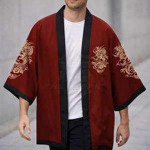 Men's <b>Red</b> Chinese Style Sporty Double Breasted Casual <b>Shirt</b> Dragon Print Full Sleeve Cotton/Bamboo Fiber Collarless Autumn Wear - Product Image 2