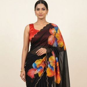 Sari de seda con estampado floral premium y magnífico, con trabajo de diseñador Katdana, precio al por mayor de Royal Export - Product Image 6