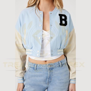 <b>Cropped</b> Fleece Canvas Baseball Varsity <b>Jacket</b> Stand Collar High Street Style Winter 100% Cotton Letter for Women Custom Logo - Product Image 4